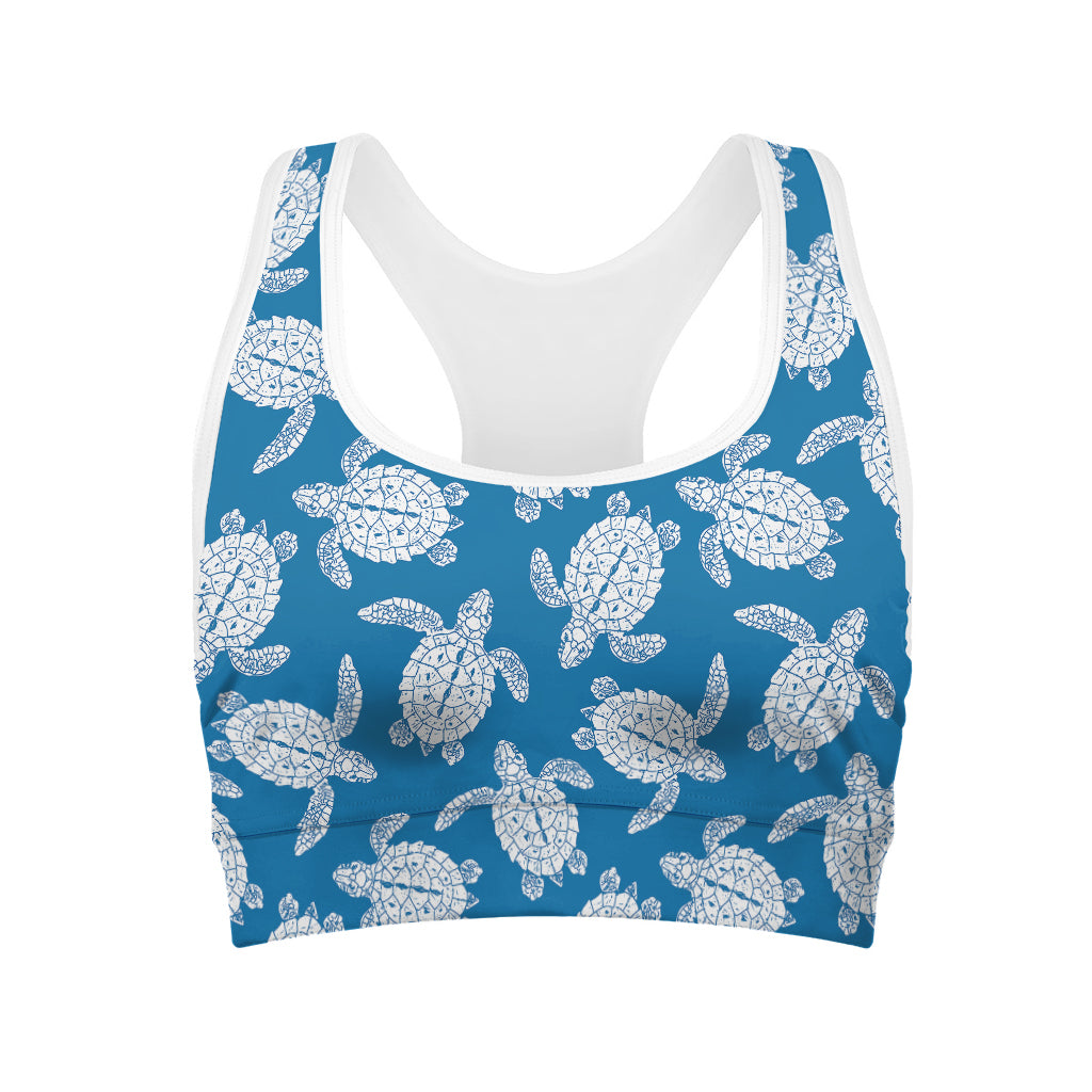 Blue And White Sea Turtle Pattern Print Women's Sports Bra