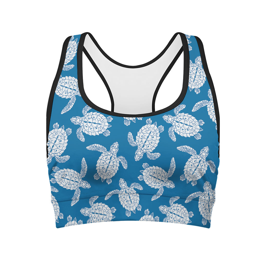 Blue And White Sea Turtle Pattern Print Women's Sports Bra