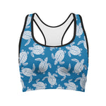 Blue And White Sea Turtle Pattern Print Women's Sports Bra