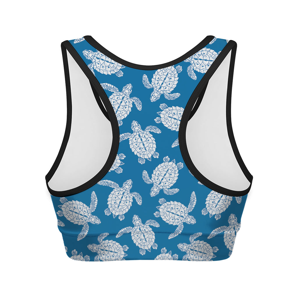 Blue And White Sea Turtle Pattern Print Women's Sports Bra