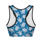 Blue And White Sea Turtle Pattern Print Women's Sports Bra
