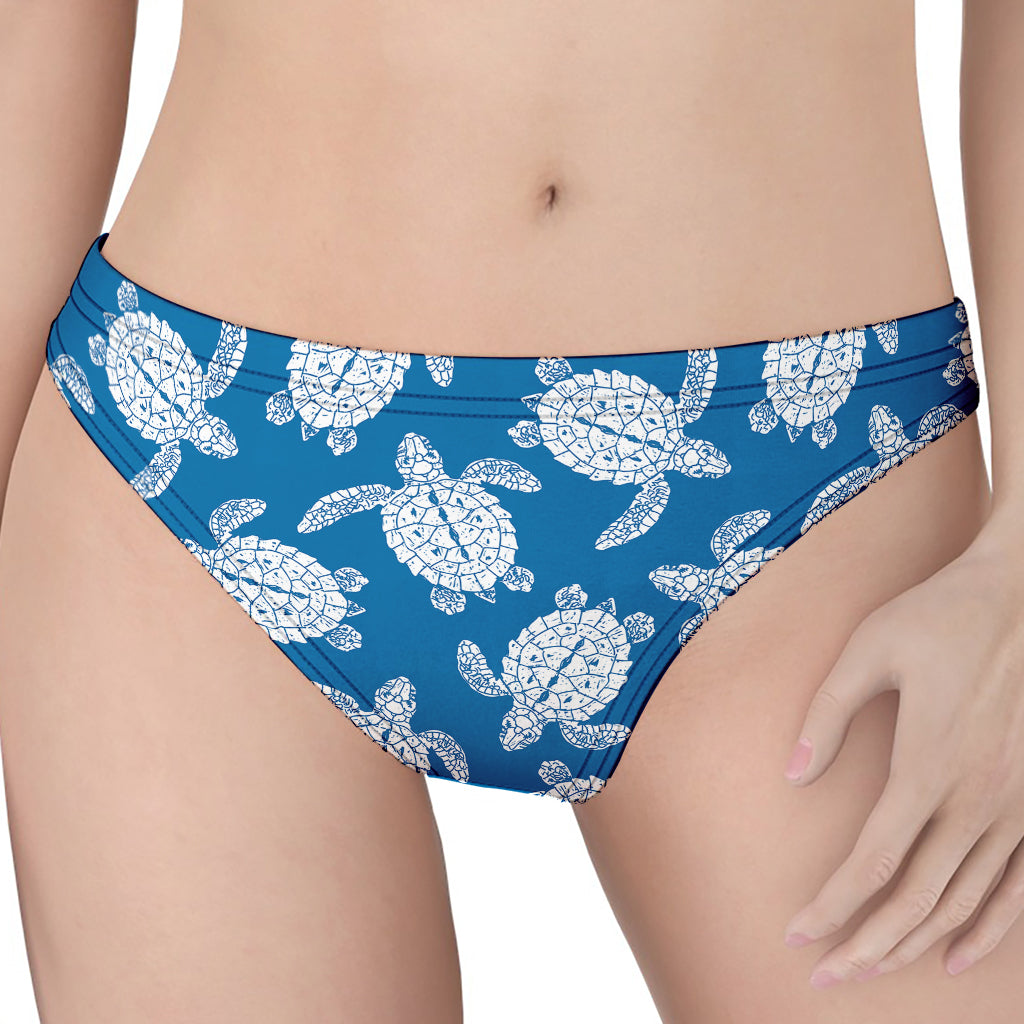 Blue And White Sea Turtle Pattern Print Women's Thong