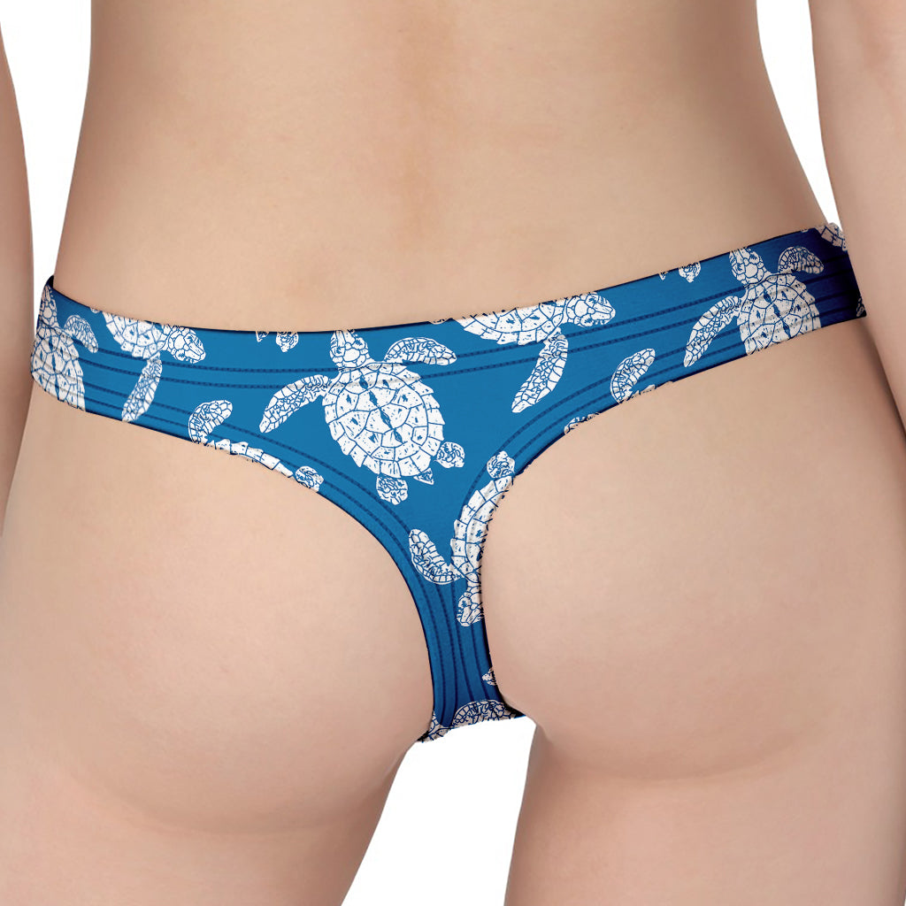 Blue And White Sea Turtle Pattern Print Women's Thong