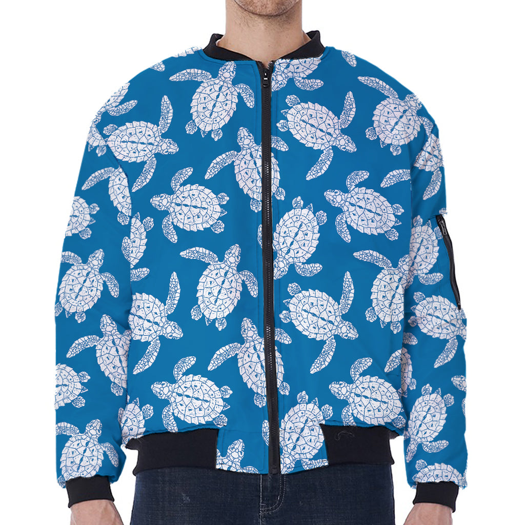 Blue And White Sea Turtle Pattern Print Zip Sleeve Bomber Jacket