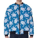 Blue And White Sea Turtle Pattern Print Zip Sleeve Bomber Jacket