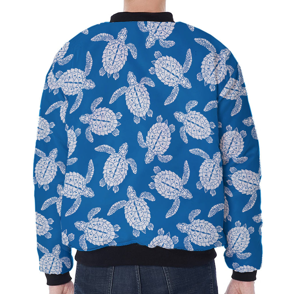 Blue And White Sea Turtle Pattern Print Zip Sleeve Bomber Jacket