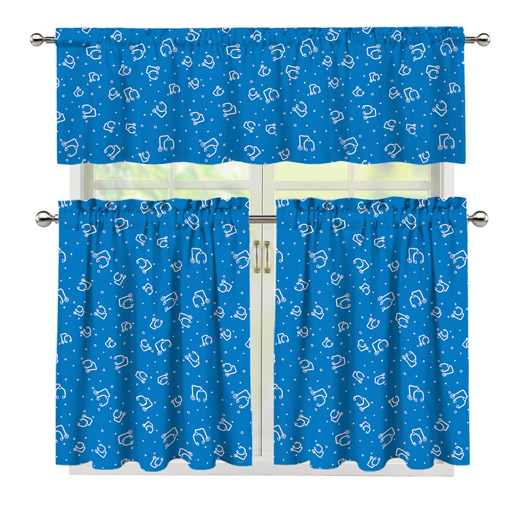 Blue And White Stethoscope Pattern Print 3 Piece Kitchen Curtains