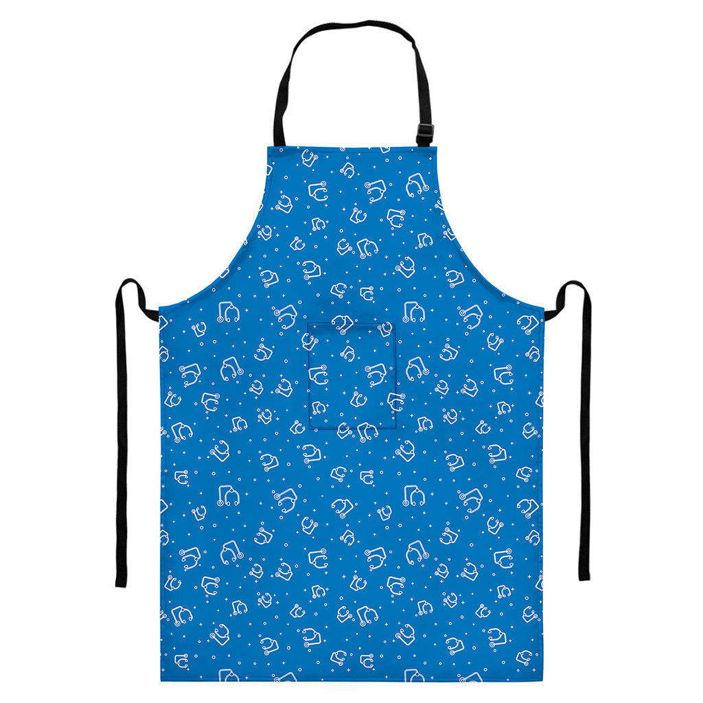 Blue And White Stethoscope Pattern Print Bib Apron With Pocket