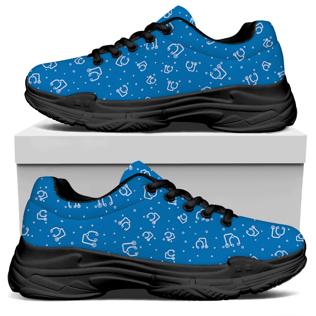 Blue And White Stethoscope Pattern Print Black Chunky Shoes