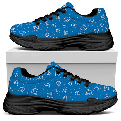 Blue And White Stethoscope Pattern Print Black Chunky Shoes