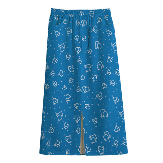 Blue And White Stethoscope Pattern Print Cotton Front Slit Maxi Skirt