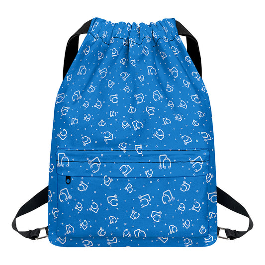 Blue And White Stethoscope Pattern Print Drawstring Backpack