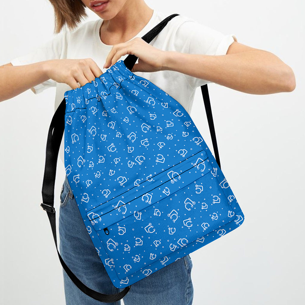 Blue And White Stethoscope Pattern Print Drawstring Backpack