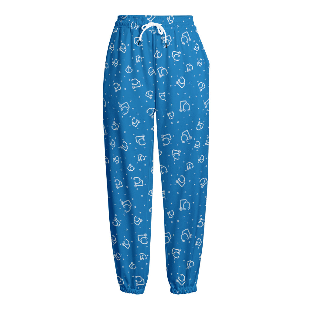 Blue And White Stethoscope Pattern Print Fleece Lined Knit Pants