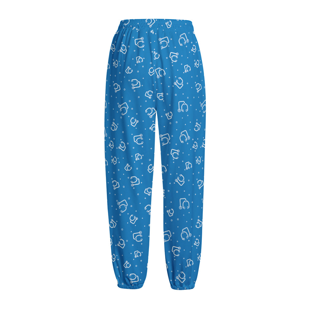 Blue And White Stethoscope Pattern Print Fleece Lined Knit Pants