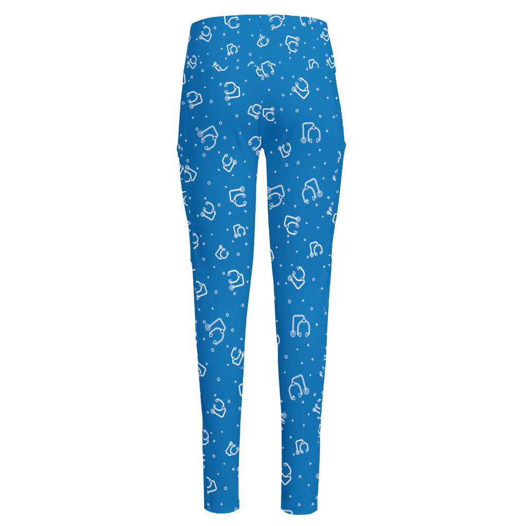 Blue And White Stethoscope Pattern Print High-Waisted Pocket Leggings