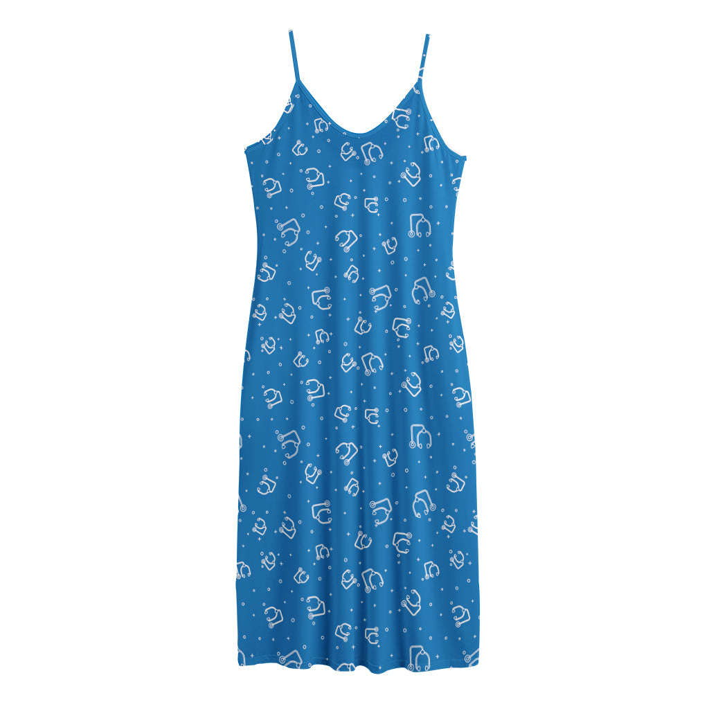 Blue And White Stethoscope Pattern Print Jersey Midi Cami Dress