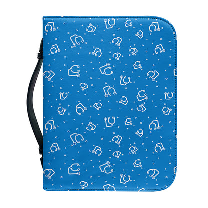 Blue And White Stethoscope Pattern Print Leather Bible Cover