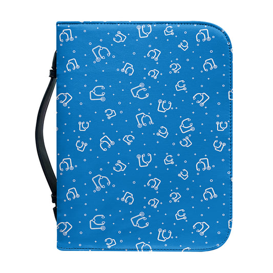Blue And White Stethoscope Pattern Print Leather Bible Cover
