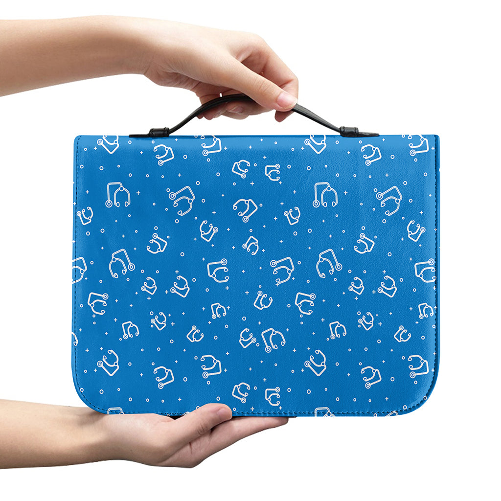 Blue And White Stethoscope Pattern Print Leather Bible Cover