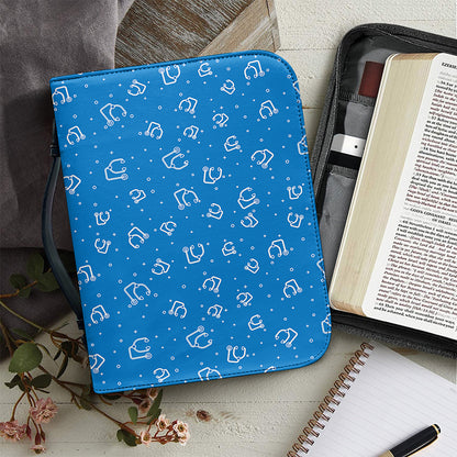 Blue And White Stethoscope Pattern Print Leather Bible Cover
