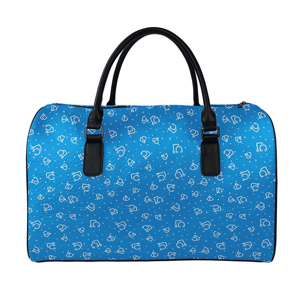 Blue And White Stethoscope Pattern Print Leather Duffle Bag