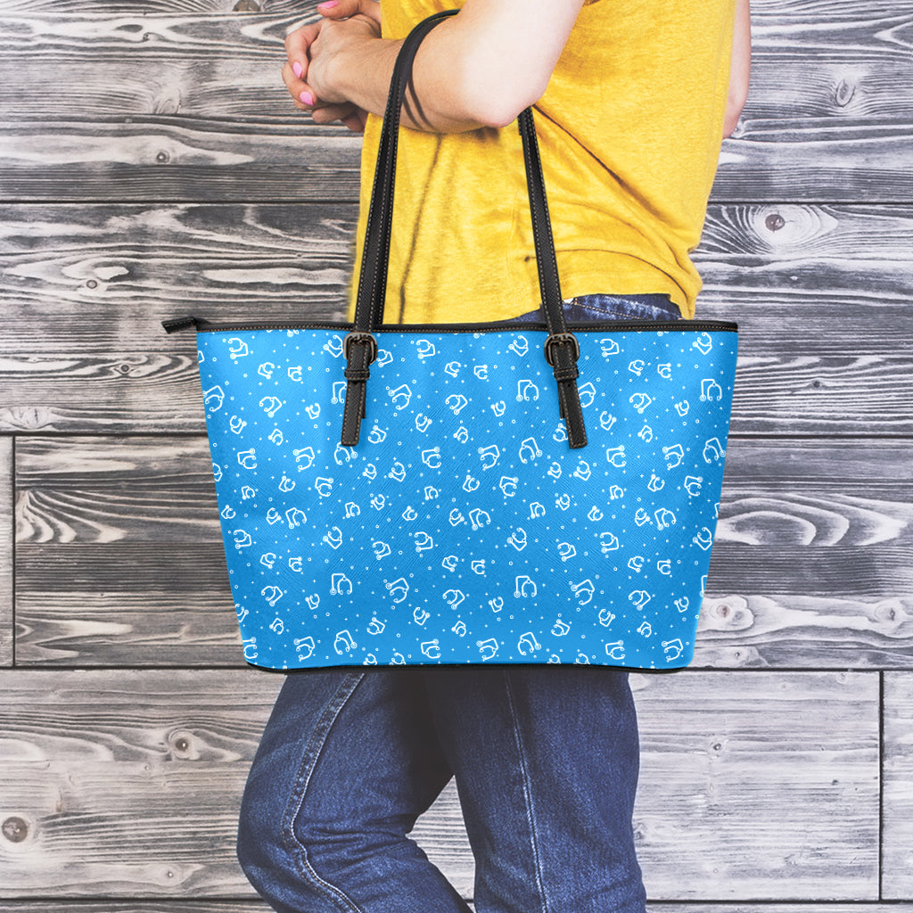 Blue And White Stethoscope Pattern Print Leather Tote Bag
