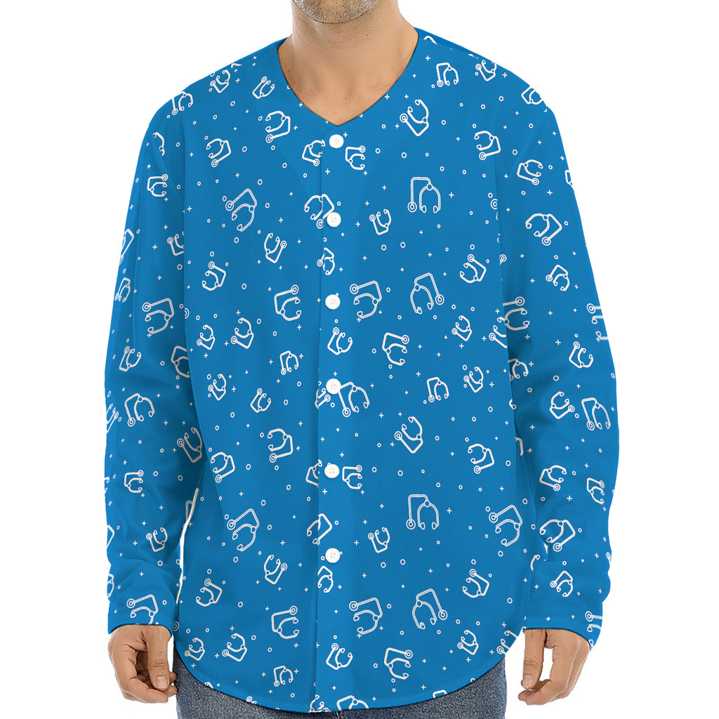 Blue And White Stethoscope Pattern Print Long Sleeve Baseball Jersey