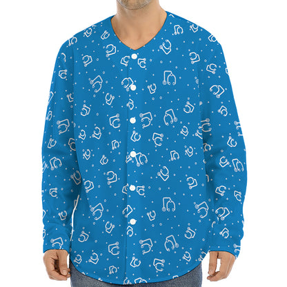 Blue And White Stethoscope Pattern Print Long Sleeve Baseball Jersey