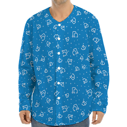 Blue And White Stethoscope Pattern Print Long Sleeve Baseball Jersey