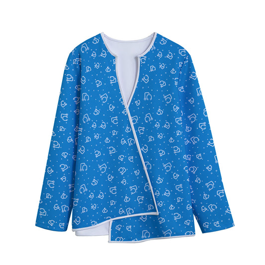 Blue And White Stethoscope Pattern Print Long Sleeve Short Coat