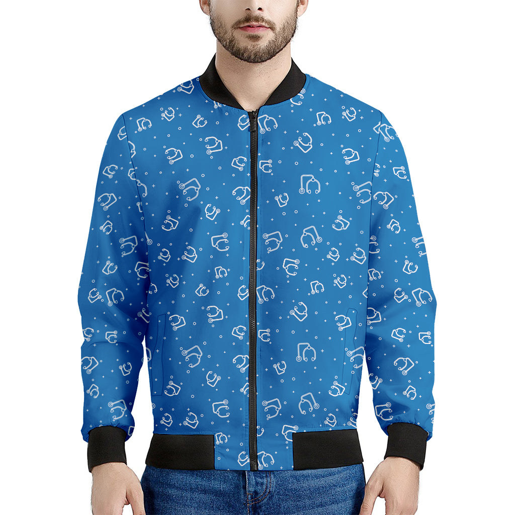 Blue And White Stethoscope Pattern Print Men's Bomber Jacket