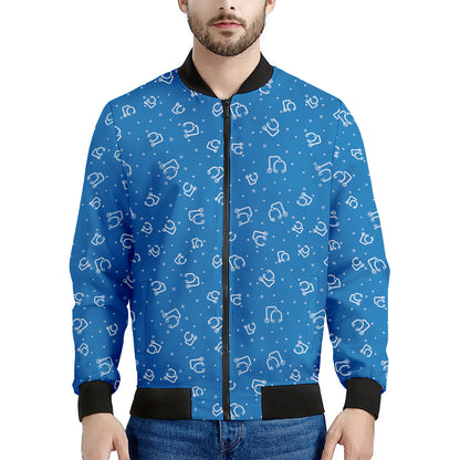 Blue And White Stethoscope Pattern Print Men's Bomber Jacket