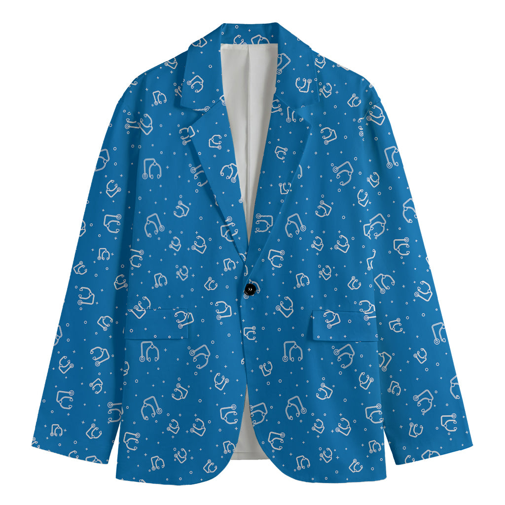 Blue And White Stethoscope Pattern Print Men's Cotton Blazer