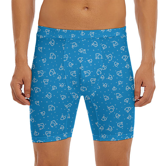 Blue And White Stethoscope Pattern Print Men's Long Boxer Briefs