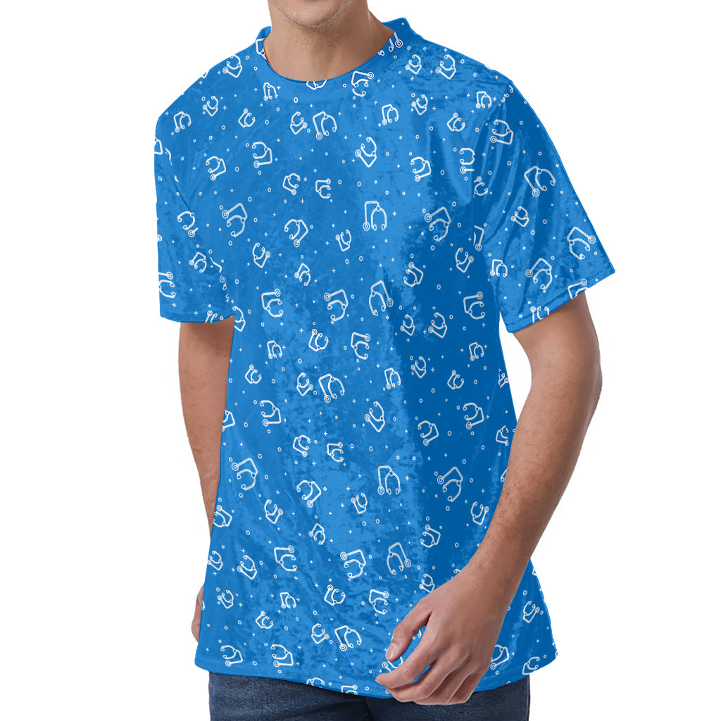 Blue And White Stethoscope Pattern Print Men's Velvet T-Shirt