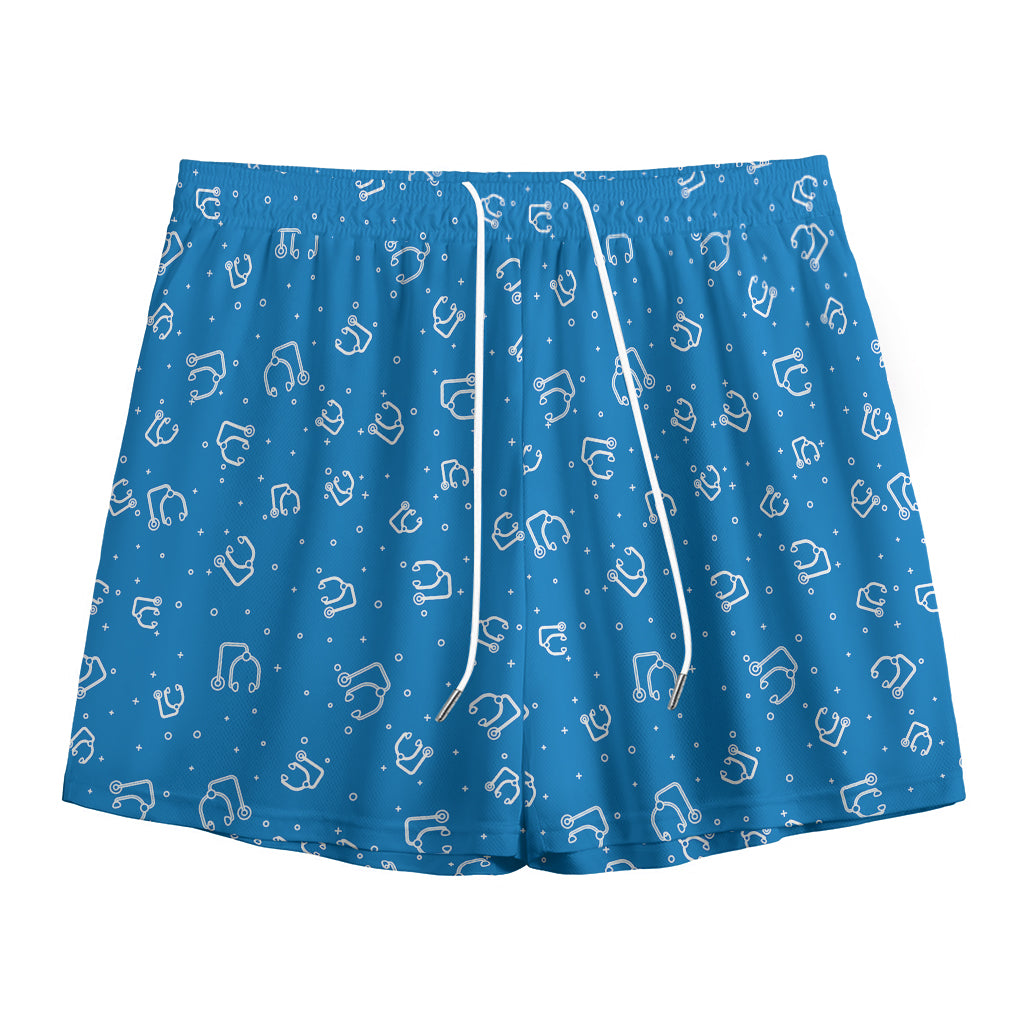 Blue And White Stethoscope Pattern Print Mesh Shorts