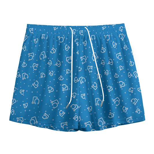 Blue And White Stethoscope Pattern Print Mesh Shorts