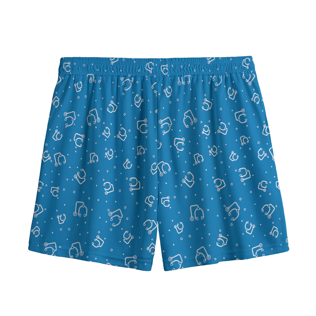 Blue And White Stethoscope Pattern Print Mesh Shorts
