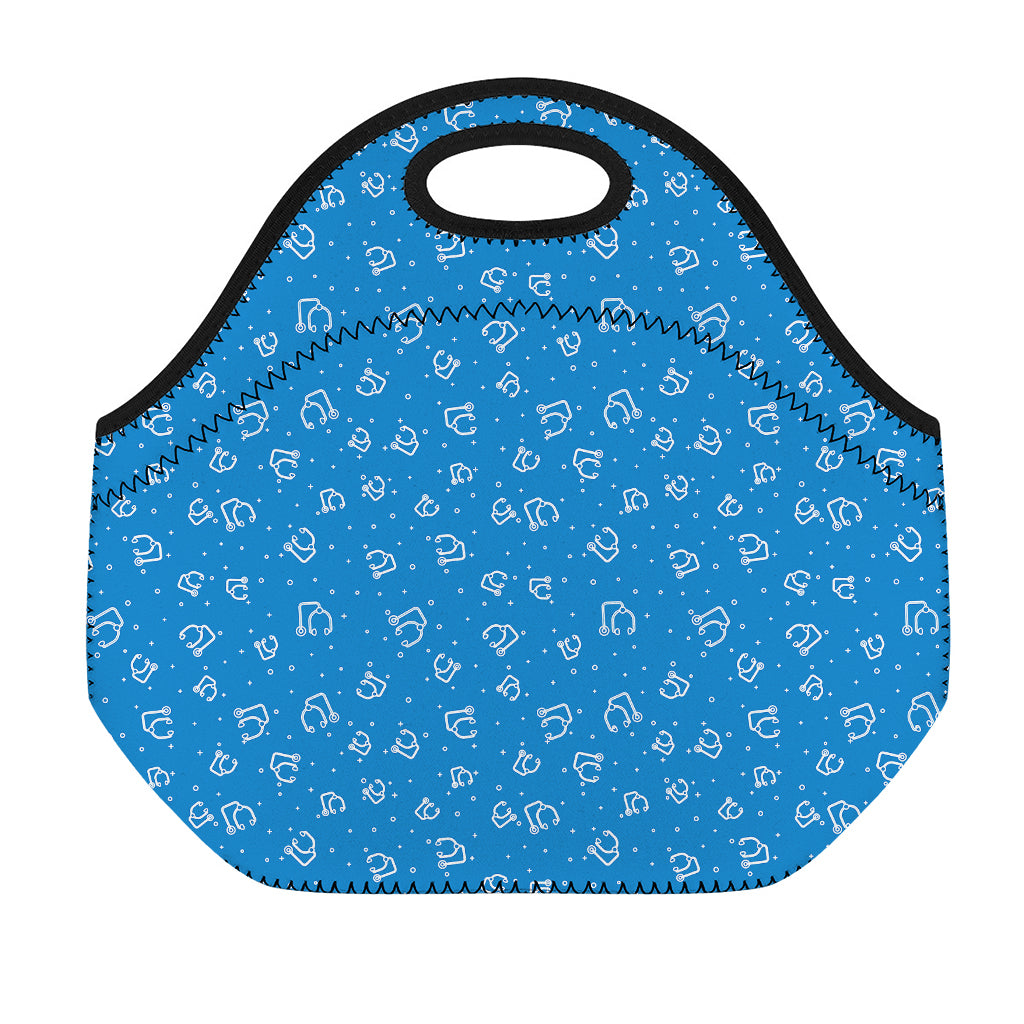 Blue And White Stethoscope Pattern Print Neoprene Lunch Bag