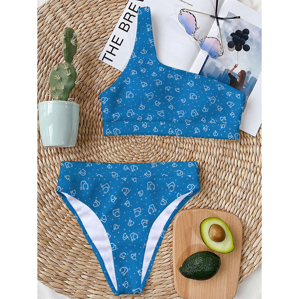 Blue And White Stethoscope Pattern Print One Shoulder Bikini Top
