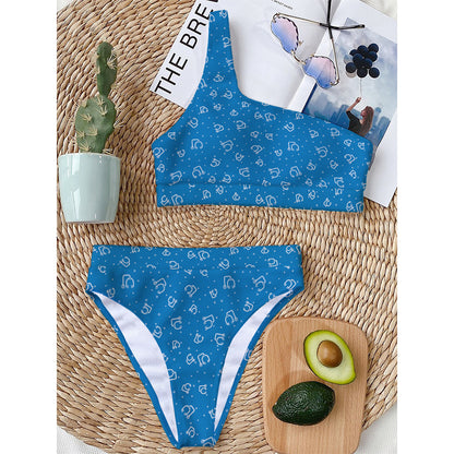 Blue And White Stethoscope Pattern Print One Shoulder Bikini Top
