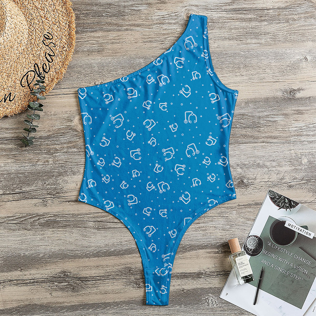 Blue And White Stethoscope Pattern Print One Shoulder Bodysuit