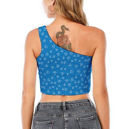Blue And White Stethoscope Pattern Print One Shoulder Crop Top