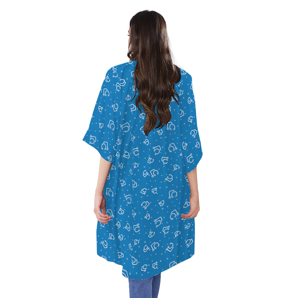 Blue And White Stethoscope Pattern Print Open Front Beach Cover Up
