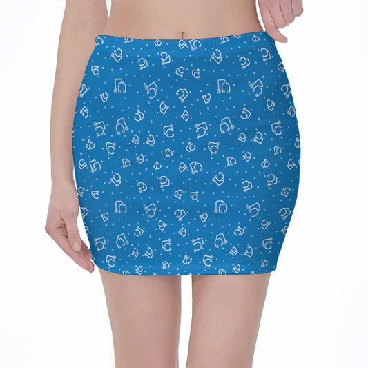 Blue And White Stethoscope Pattern Print Pencil Mini Skirt