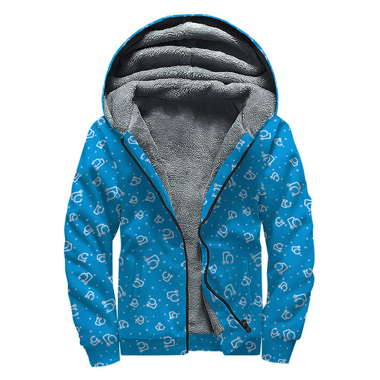 Blue And White Stethoscope Pattern Print Sherpa Lined Zip Up Hoodie