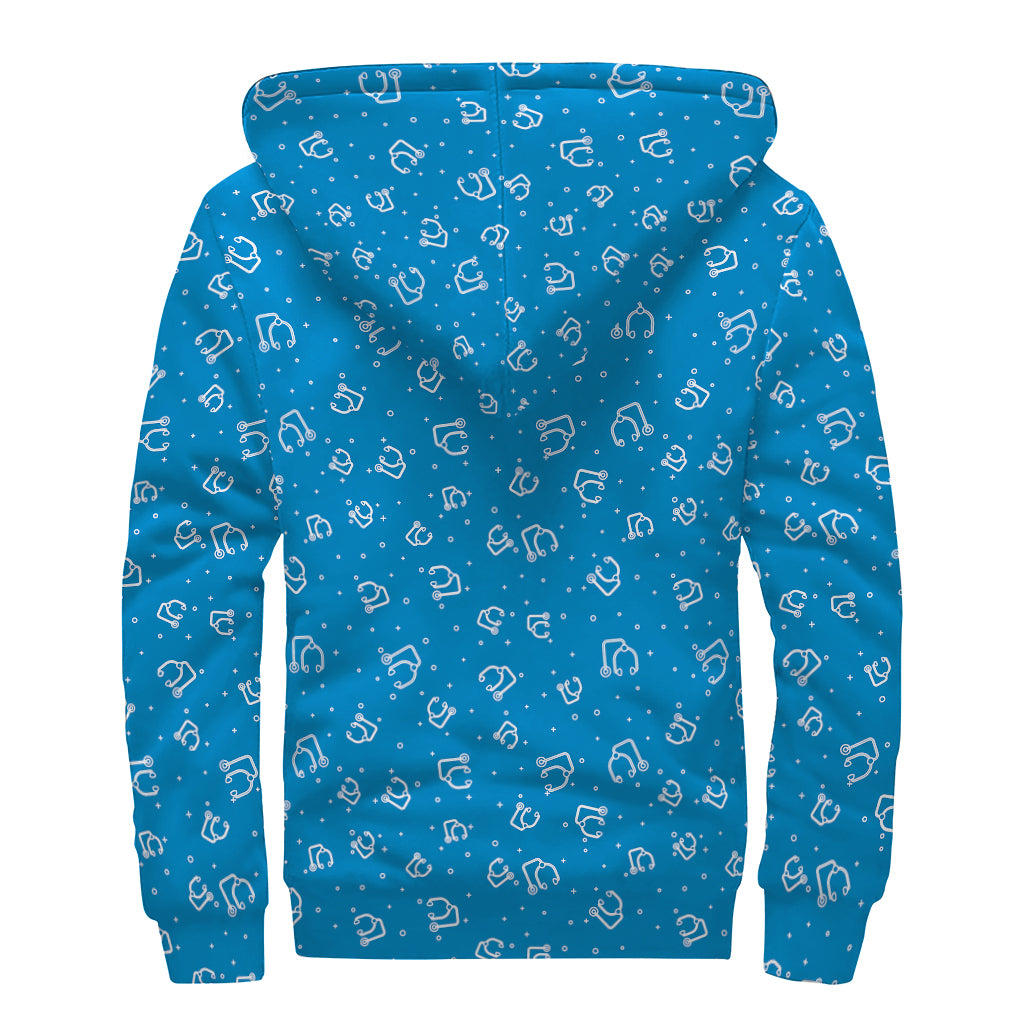 Blue And White Stethoscope Pattern Print Sherpa Lined Zip Up Hoodie