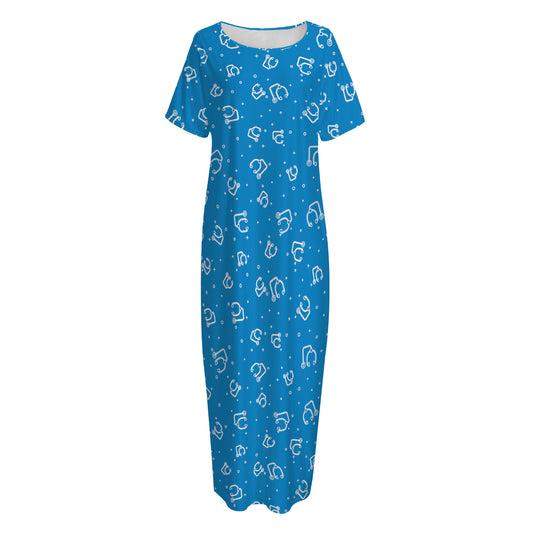 Blue And White Stethoscope Pattern Print Short Sleeve Long Nightdress