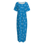 Blue And White Stethoscope Pattern Print Short Sleeve Long Nightdress